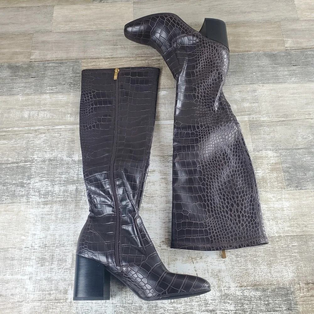 Franco Sarto Talfer Womens Knee-High Boots Sz 7‎ M Brown Croc Print Side Zipper